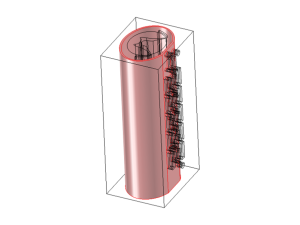 Figure 2. Geometry created in SolidWorks(left)imported into COMSOL Multiphysics yields the most complex model of its kind created to date. Most work by medical device companies is done in 2D. The 3D model created by Lahey Clinic has 4^32 (10^19) possible configurations of scar and electrode.