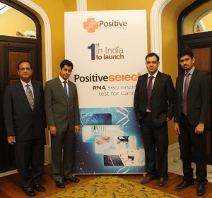 (L-R)Dr Santosh Mishra, Mr. Samarth Jain, CEO, Positive Bioscience Ltd, Dr. Dr Gowhar Shafi & Mr. Shantanu Parihar launched Positive Select - RNA Sequencing Test for Cancer for 1st time in India