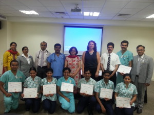 Dr. Karthik Vasudevan, Sr. Consultant “ Interventional Cardiology, Dr. Kanchan Sanyal, Chief of Medical Services, Ms. Rhona Riley Lead of Cardiac Physiology at the University of Leeds and Dr. Prabhakar Shetty, Chief of Cardiology “ Columbia Asia Hospitals, Bangalore with the first batch of Cardiac Care Technicians at Columbia Asia Referral Hospital “ Yeshwanthpur (Bangalore)